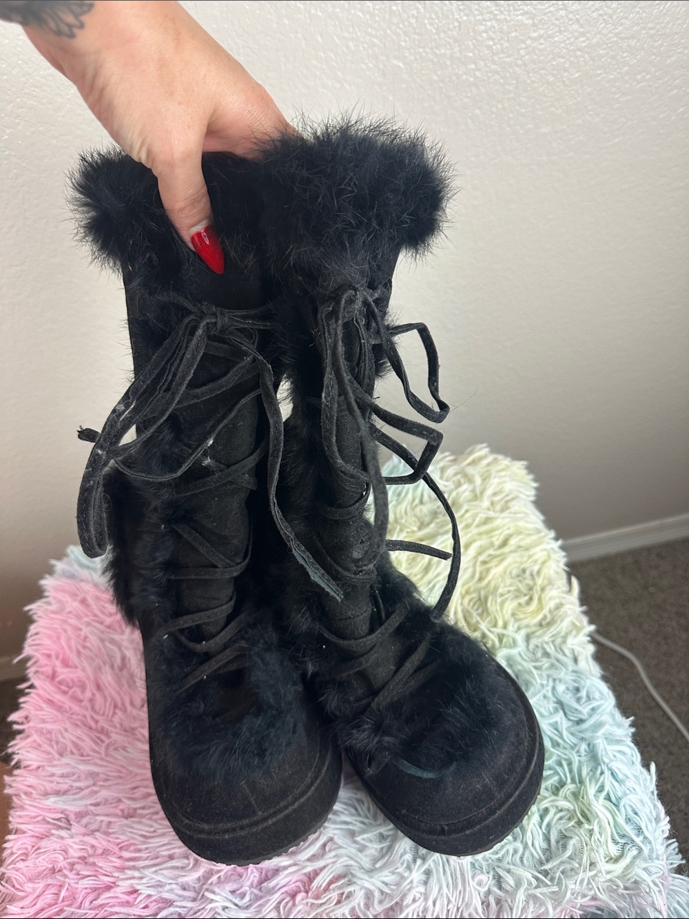 DEMONIA Faux Fur Platform Rave Boots 7